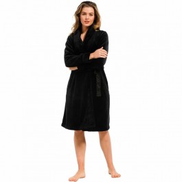 Sale! Dames badjas fleece Zwart met tunnelstrik maat: XL